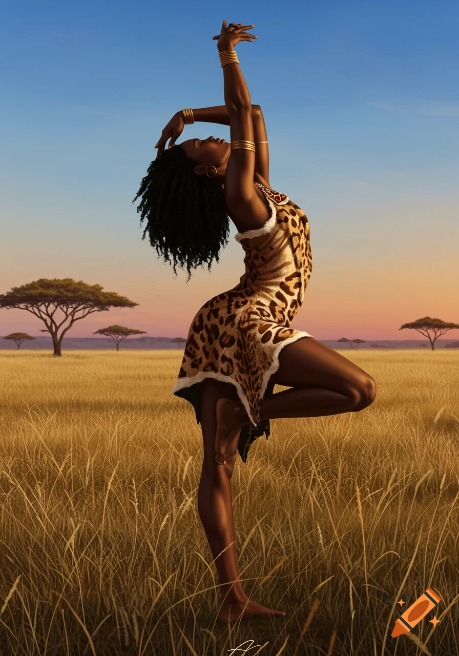 An African woman in a leopard print dress performs a raised-arm yoga pose in a golden savannah with acacia trees.