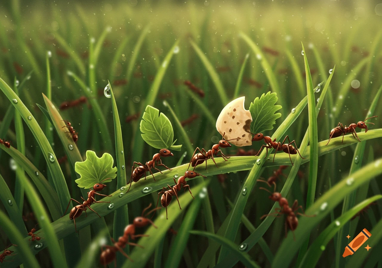 Ants carrying leaves and a piece of bread on dew-covered blades of grass in a detailed illustration.