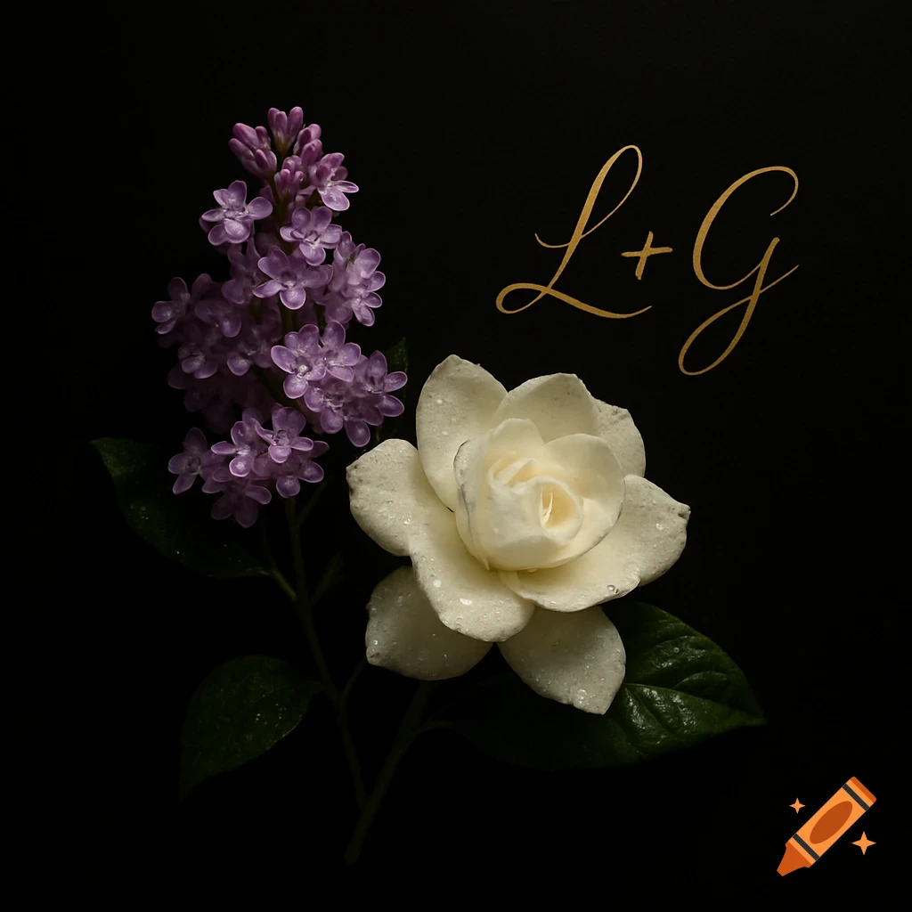 A cluster of purple lilac flowers and a white gardenia flower with water droplets on a black background, next to golden cursive initials L+G.