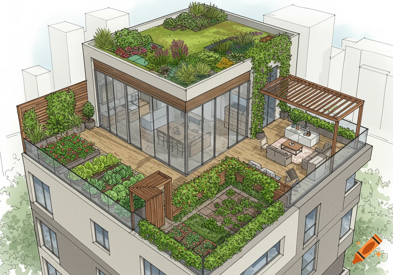 Detailed architectural sketch of a modern building with a large rooftop garden, featuring plants, seating areas, and a penthouse apartment.
