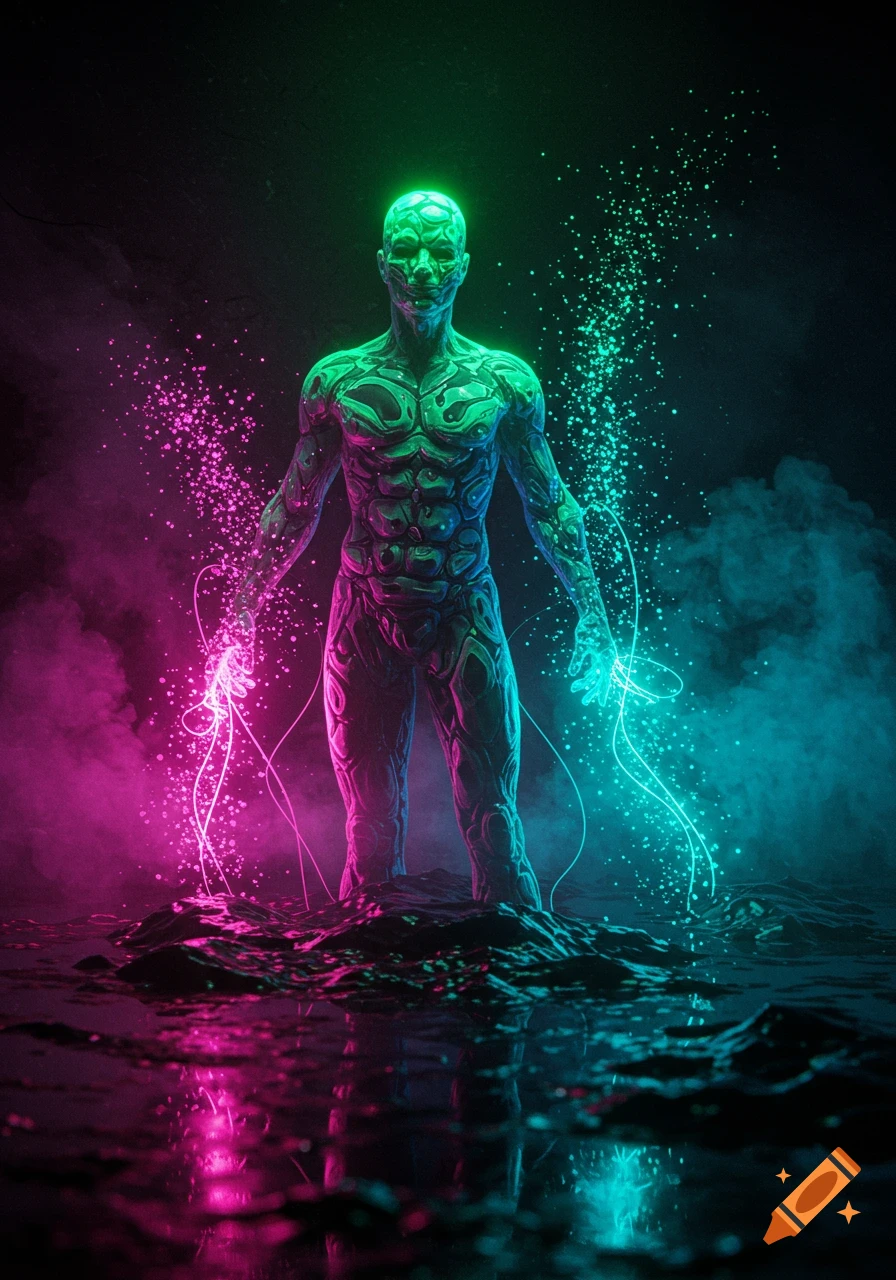A glowing, muscular, textured humanoid figure stands in shallow water, emanating vibrant pink and green light and particles in a dark, atmospheric setting.