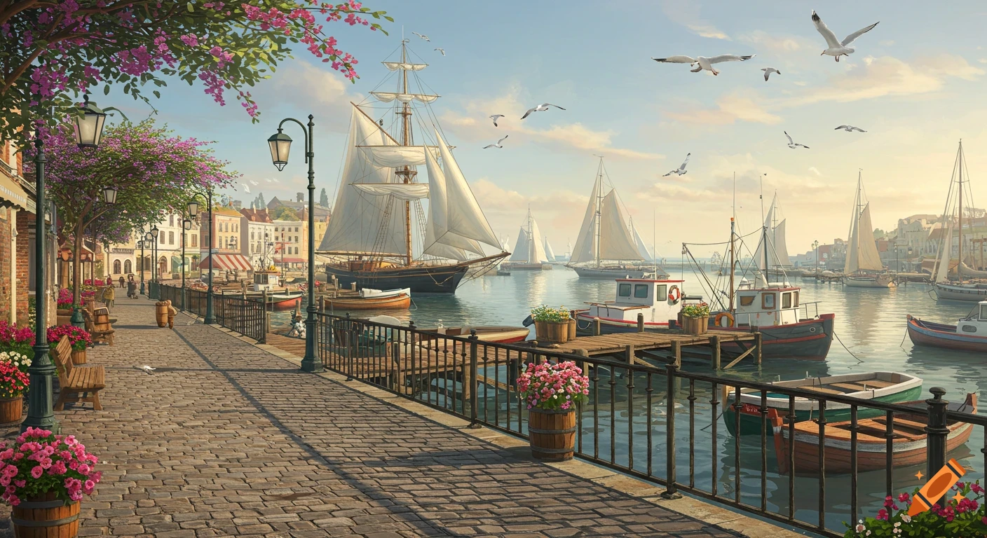 A lovely bayside promenade filled with blooming flowers, overlooking a vast harbor bustling with sailboats, yachts, and fishing boats under a clear sky.