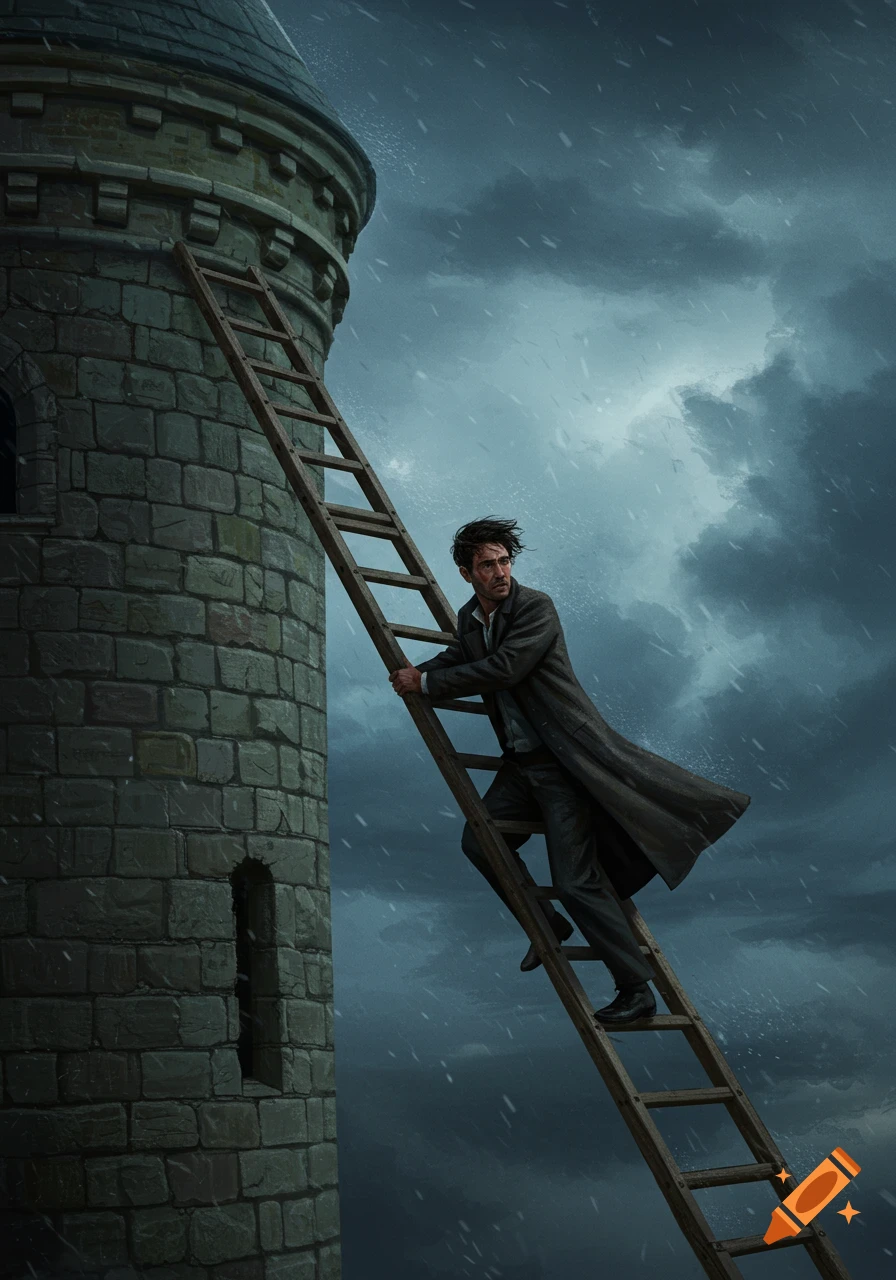 A man in a dark coat climbs a long wooden ladder leading up a stone tower under a stormy, rainy sky.