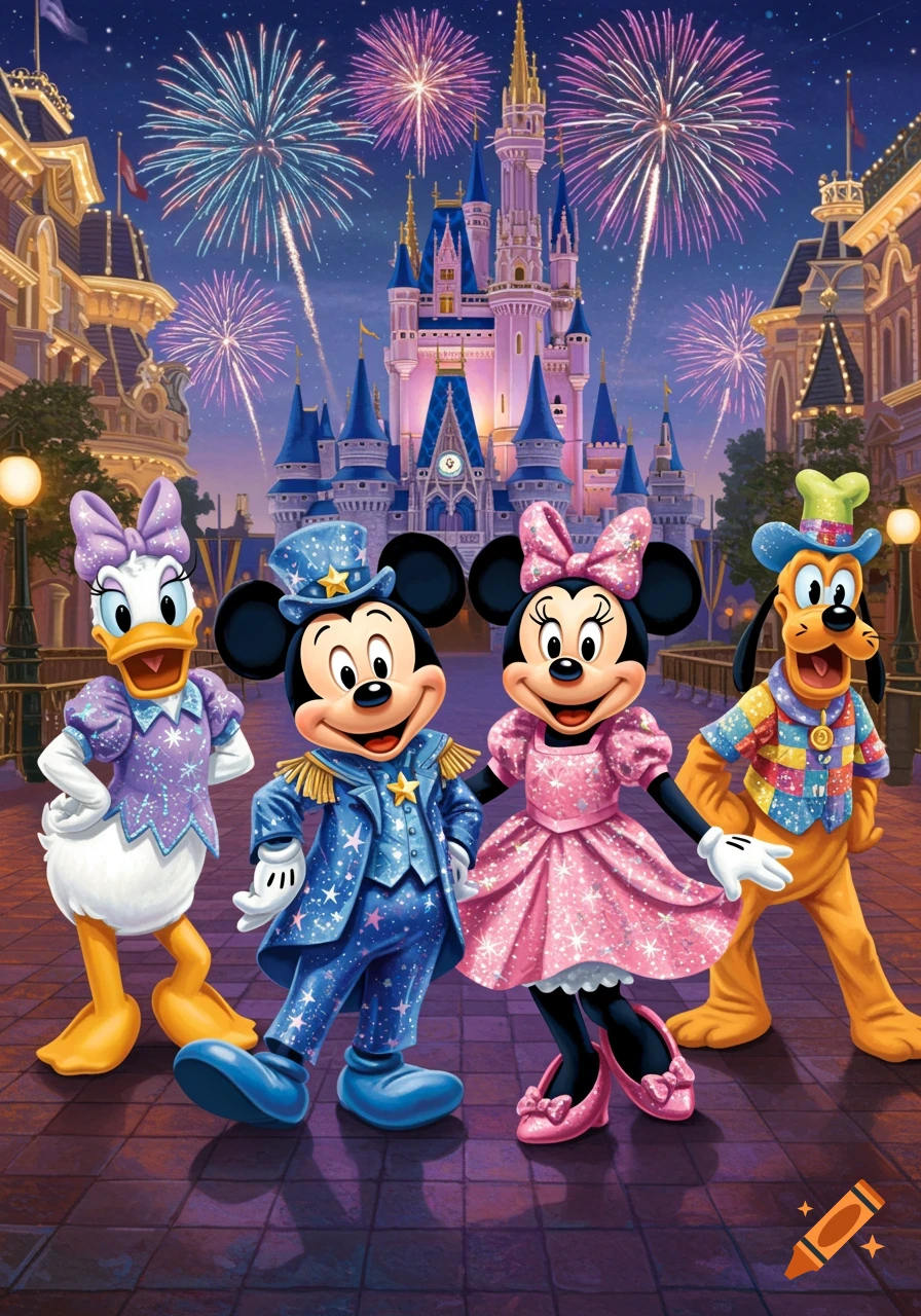 Mickey, Minnie, Daisy, and Pluto in festive outfits in front of a Disney castle with fireworks, illustrated.