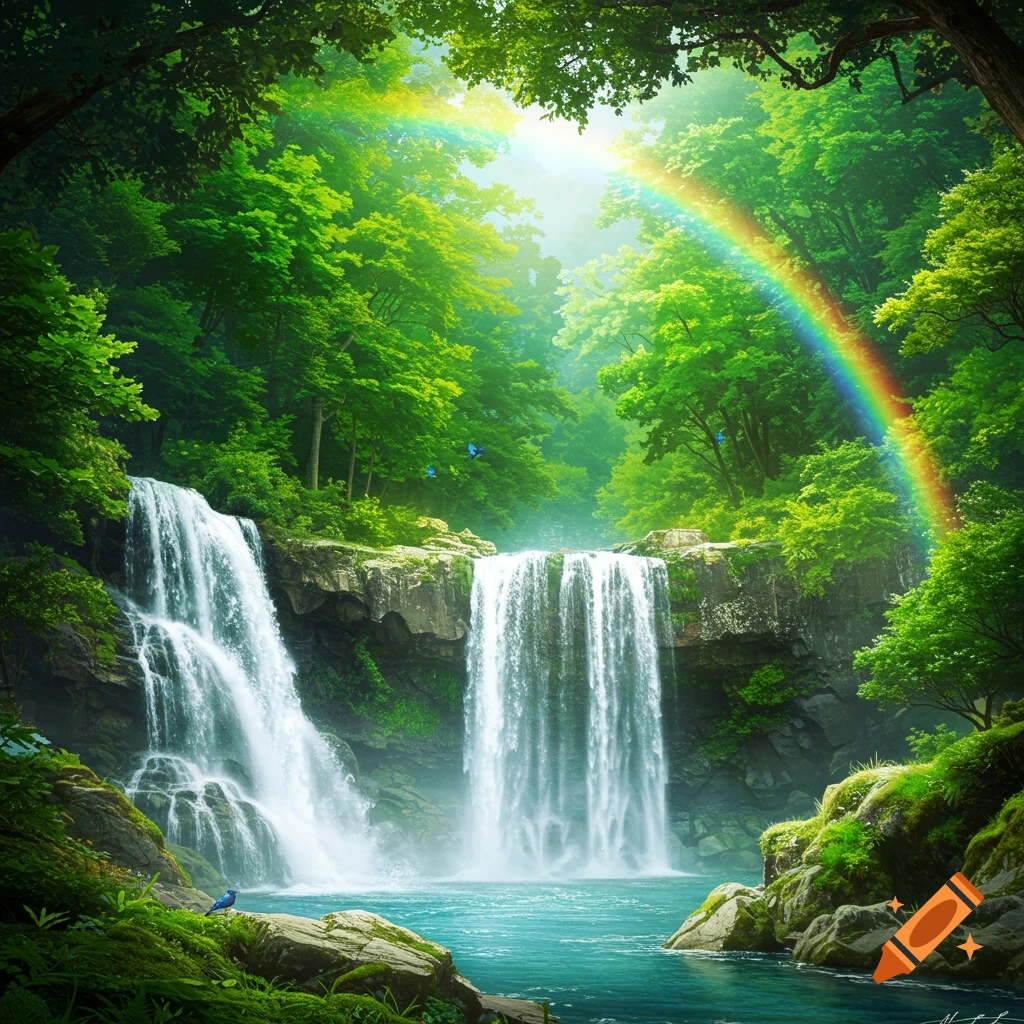 Photorealistic image of a majestic waterfall cascading into a clear blue pool, surrounded by lush green forest under a rainbow.
