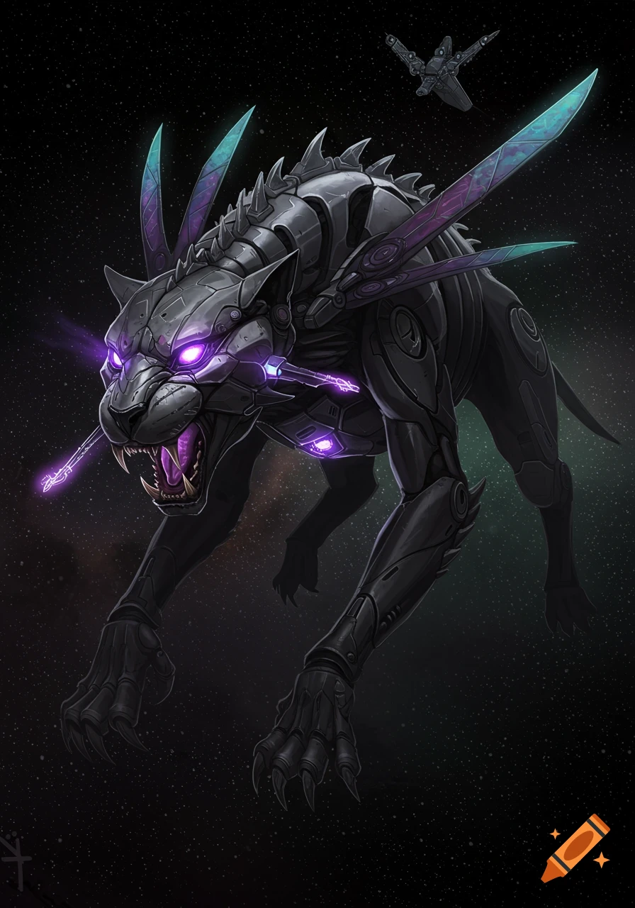 A dark, metallic cyber-panther with glowing purple eyes and plasma beams extending from its face, floats in space with a small spaceship in the background.