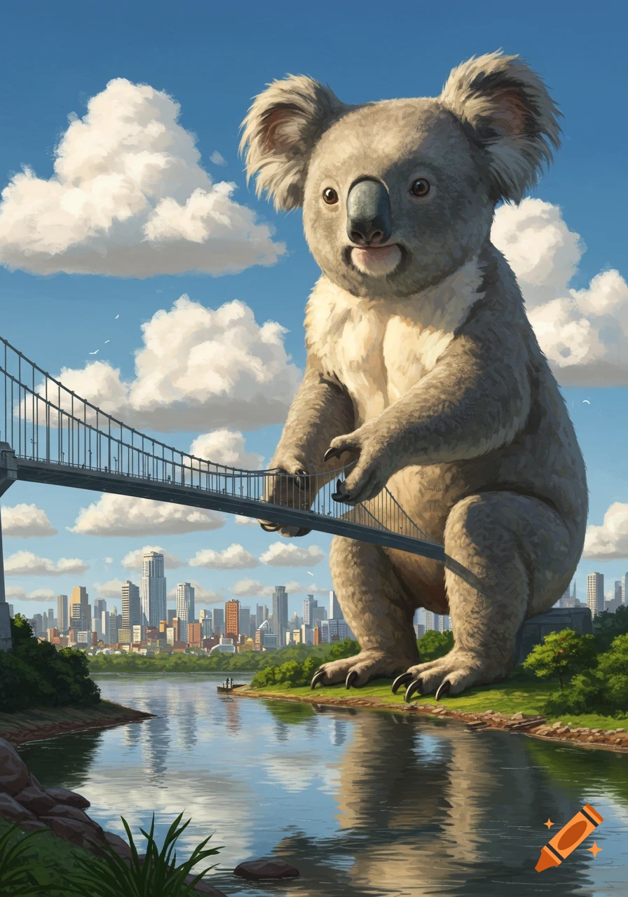 A colossal koala lifts a suspension bridge over a river, with a modern cityscape stretching across the background under a blue sky.