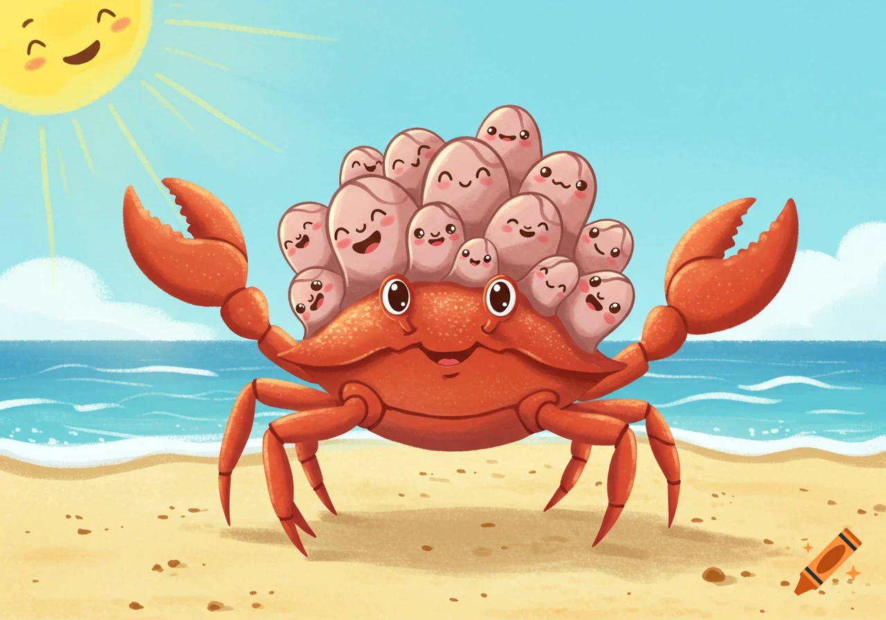 A cute, smiling crab on a sandy beach, carrying many happy barnacles on its shell, under a bright sun.
