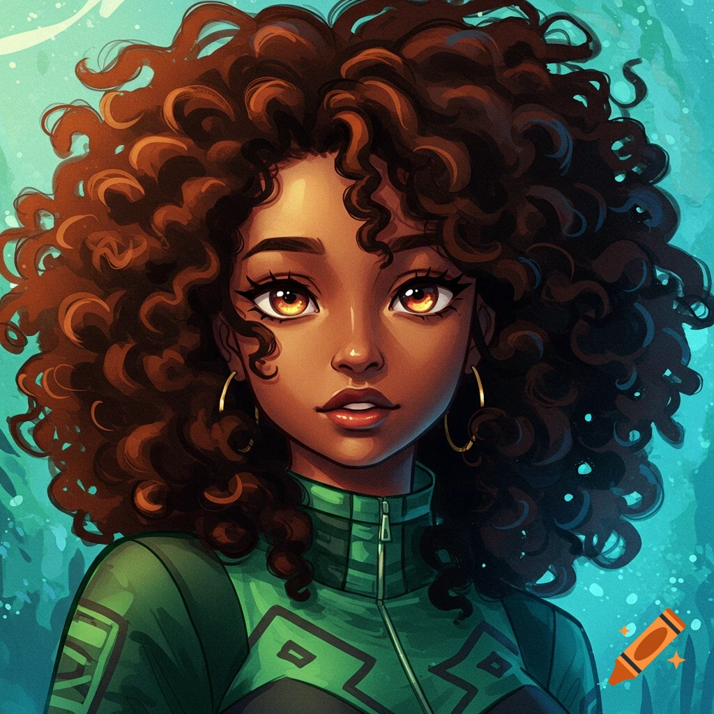 Anime portrait of a young Black woman with curly brown hair, wearing a green top, against a blue-green background.