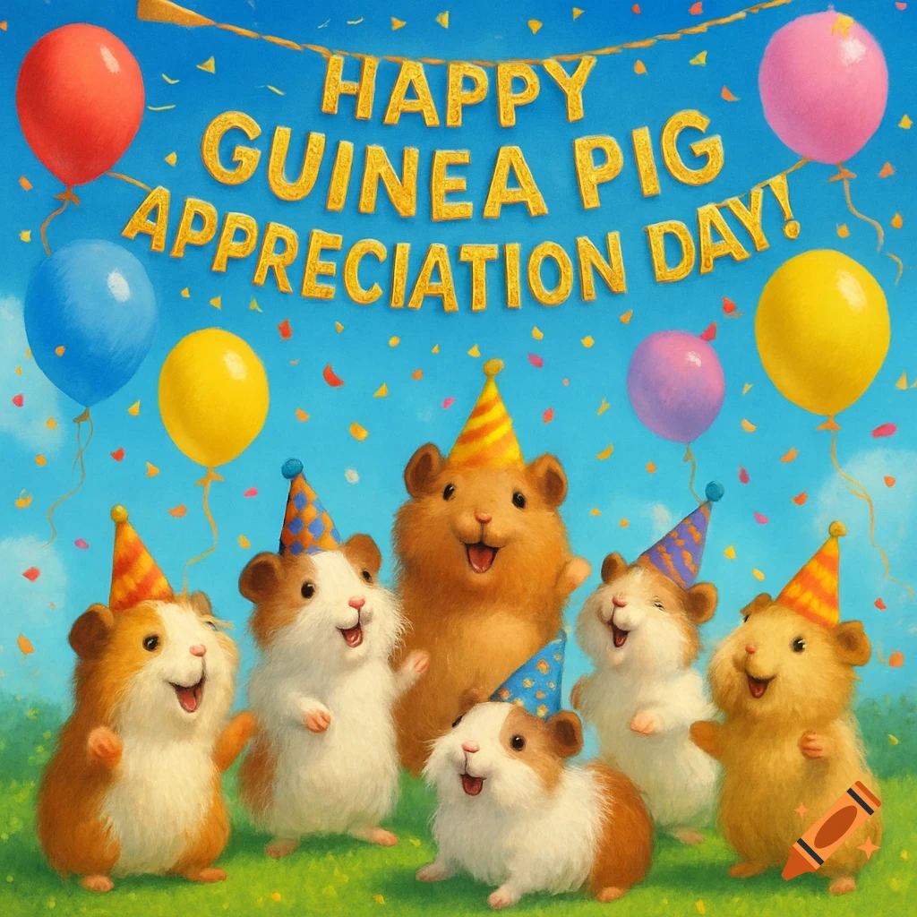 Six cartoon guinea pigs in party hats celebrate under a banner that reads "Happy Guinea Pig Appreciation Day!" with colorful balloons and confetti.