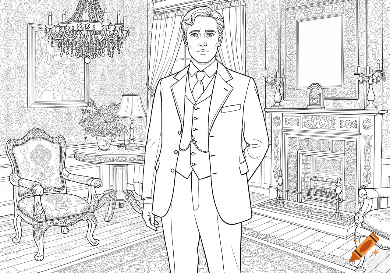 Line art coloring page of a man in a suit standing in an ornate room with a fireplace and chandelier.