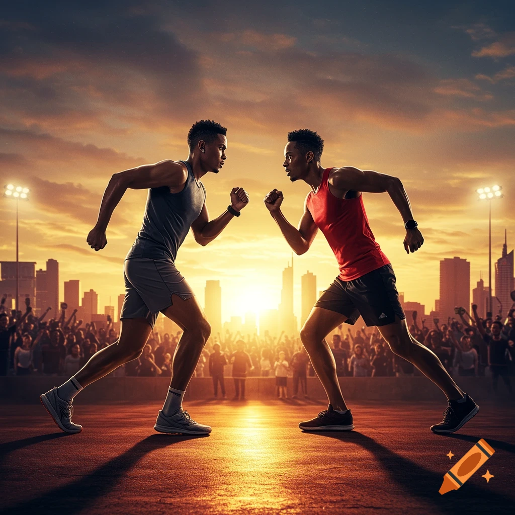 Two male athletes in running gear face off on a track at sunset with a city skyline and crowd in the background, photorealistic style.