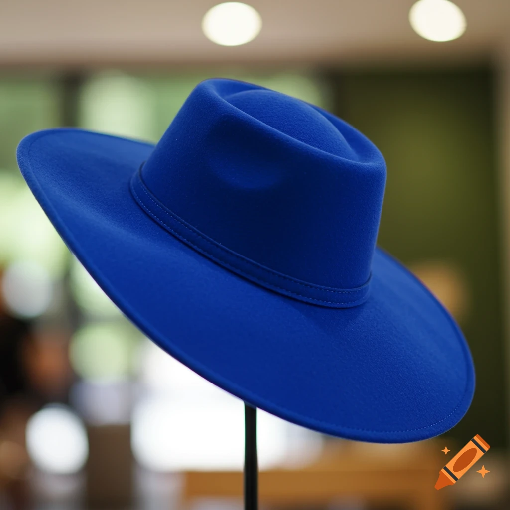 A vibrant blue felt hat with a flat brim and a tall crown, standing upright against a blurred background.