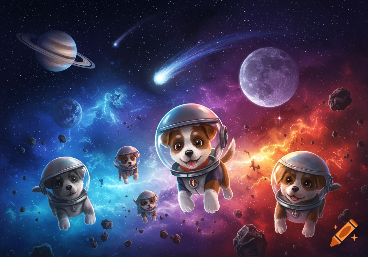Adorable cartoon puppies in space helmets float in a colorful galaxy with planets, nebulae, and a comet.