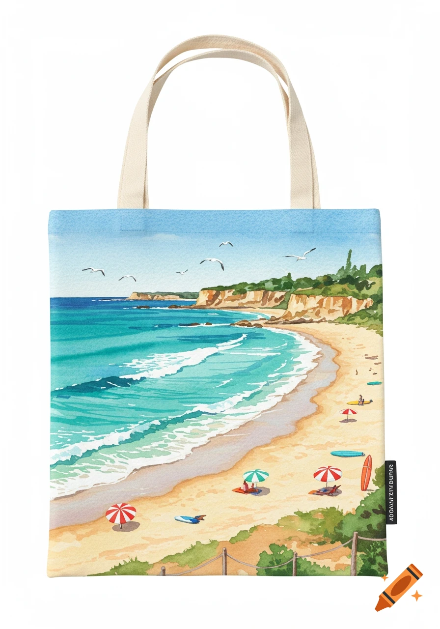 A watercolor illustration of an Australian beach scene with ocean, sand, cliffs, and beachgoers printed on a tote bag.