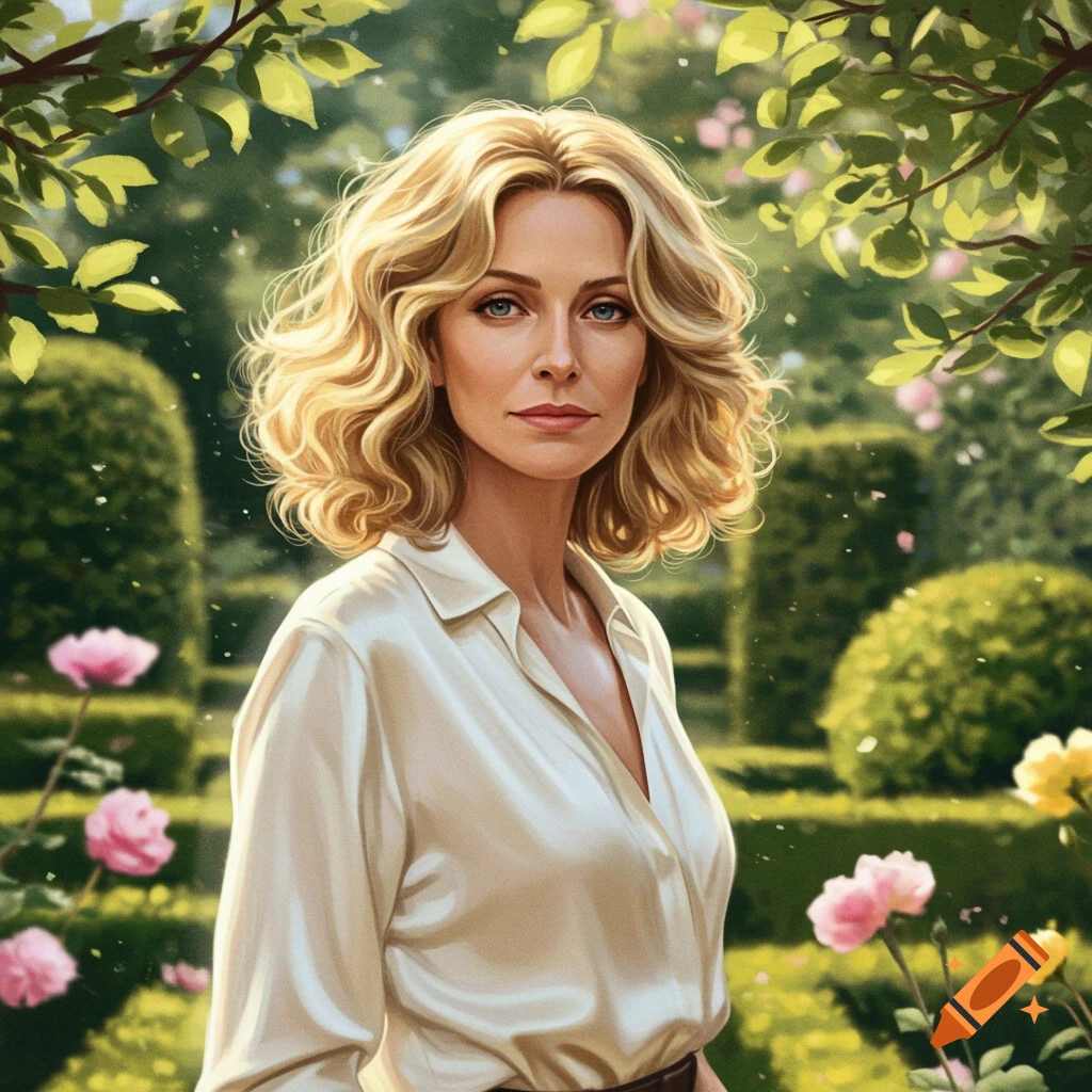 A blonde woman with blue eyes in a white shirt stands in a lush garden with pink and yellow flowers. Photorealistic style.