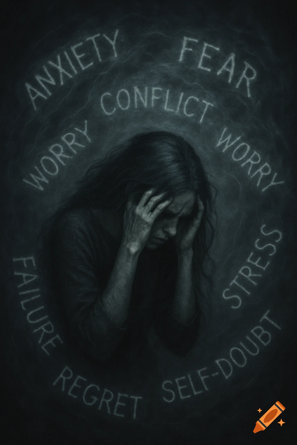 A distressed woman with her head in her hands, surrounded by words like 'anxiety', 'fear', 'worry', 'stress', 'failure', 'regret', and 'self-doubt' on a dark background.