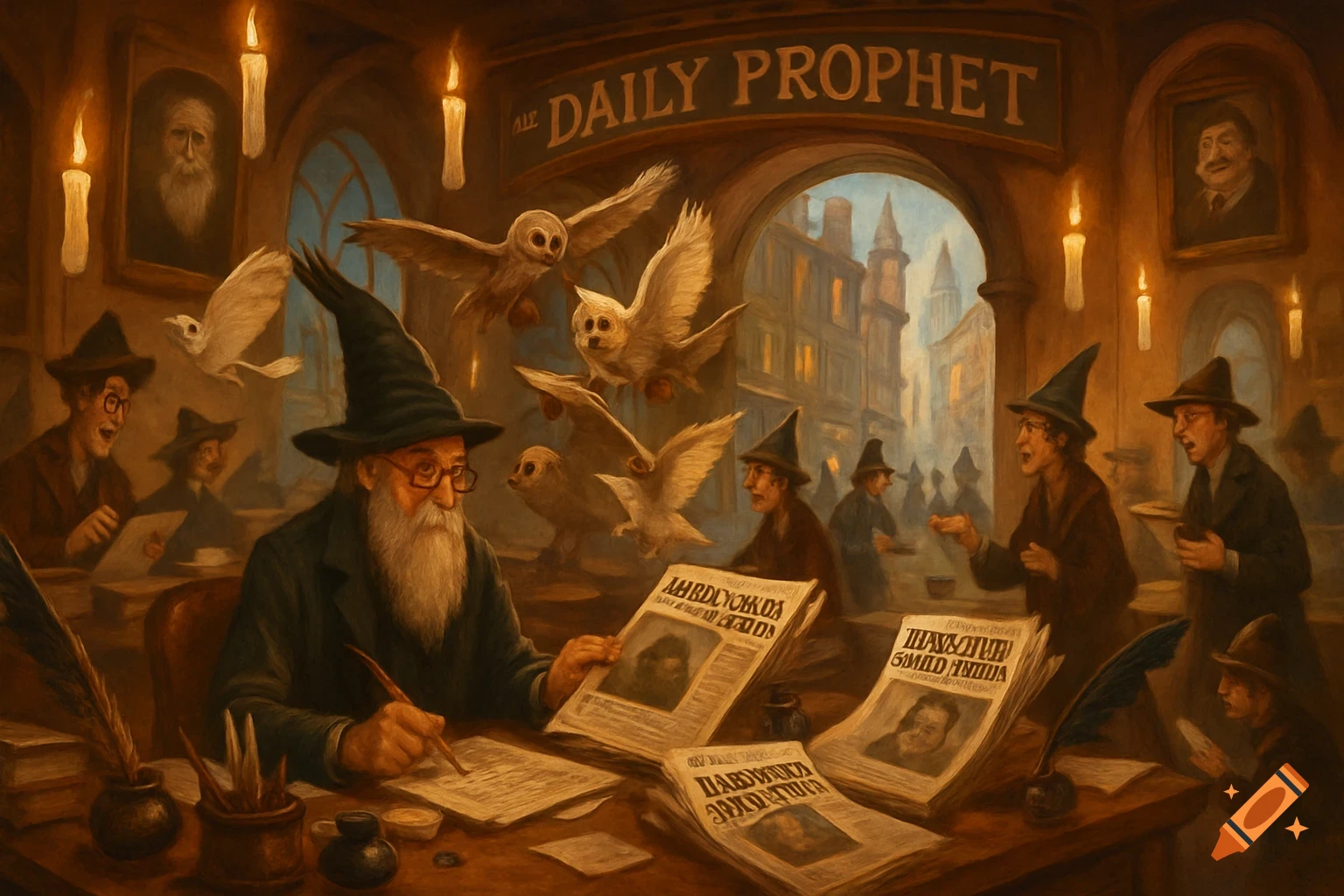 A white-bearded wizard in a pointed hat writes at a desk as owls fly around a magical office with other wizards and newspapers like 'The Daily Prophet'.