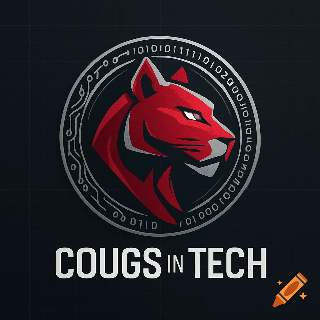 A red cougar head logo with the text 'COUGS IN TECH' below it, encircled by binary code and circuit patterns, on a dark background.