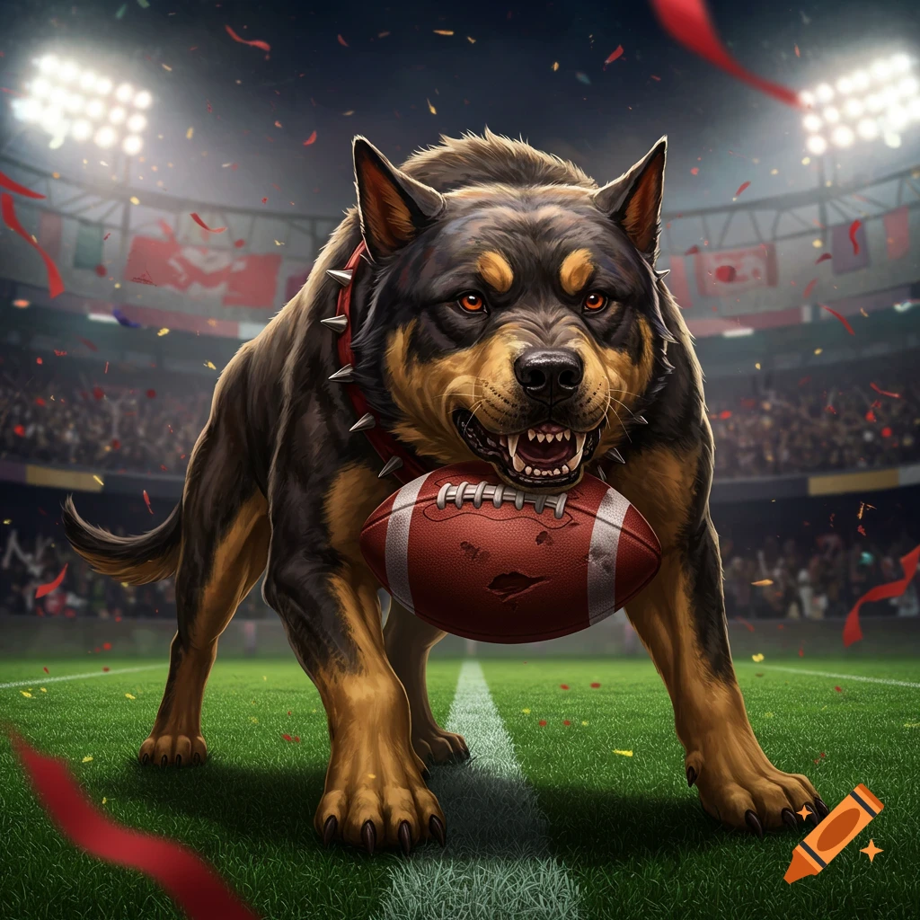 A fierce, snarling Rottweiler-like dog with a spiked collar grips a football in its mouth, standing on a green field in a stadium filled with spectators and falling confetti.