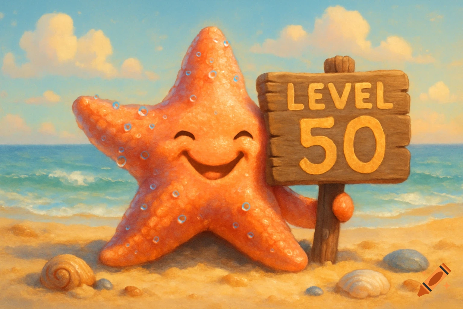 A happy cartoon starfish stands on a sandy beach holding a wooden sign that reads "LEVEL 50".