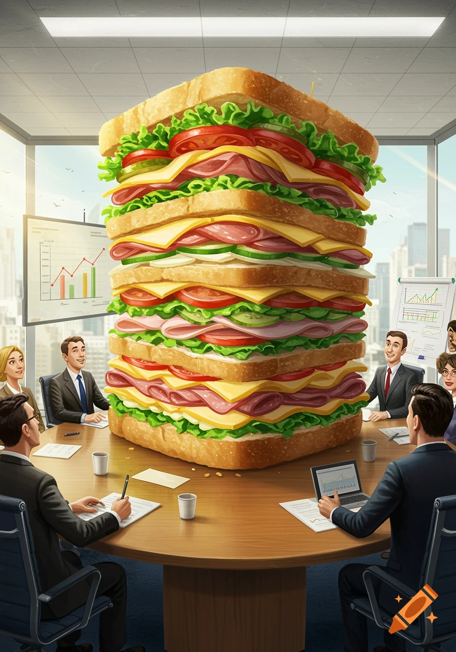 A giant, multi-layered sandwich sits on a conference table in a modern office, surrounded by business professionals in suits looking at it in awe.