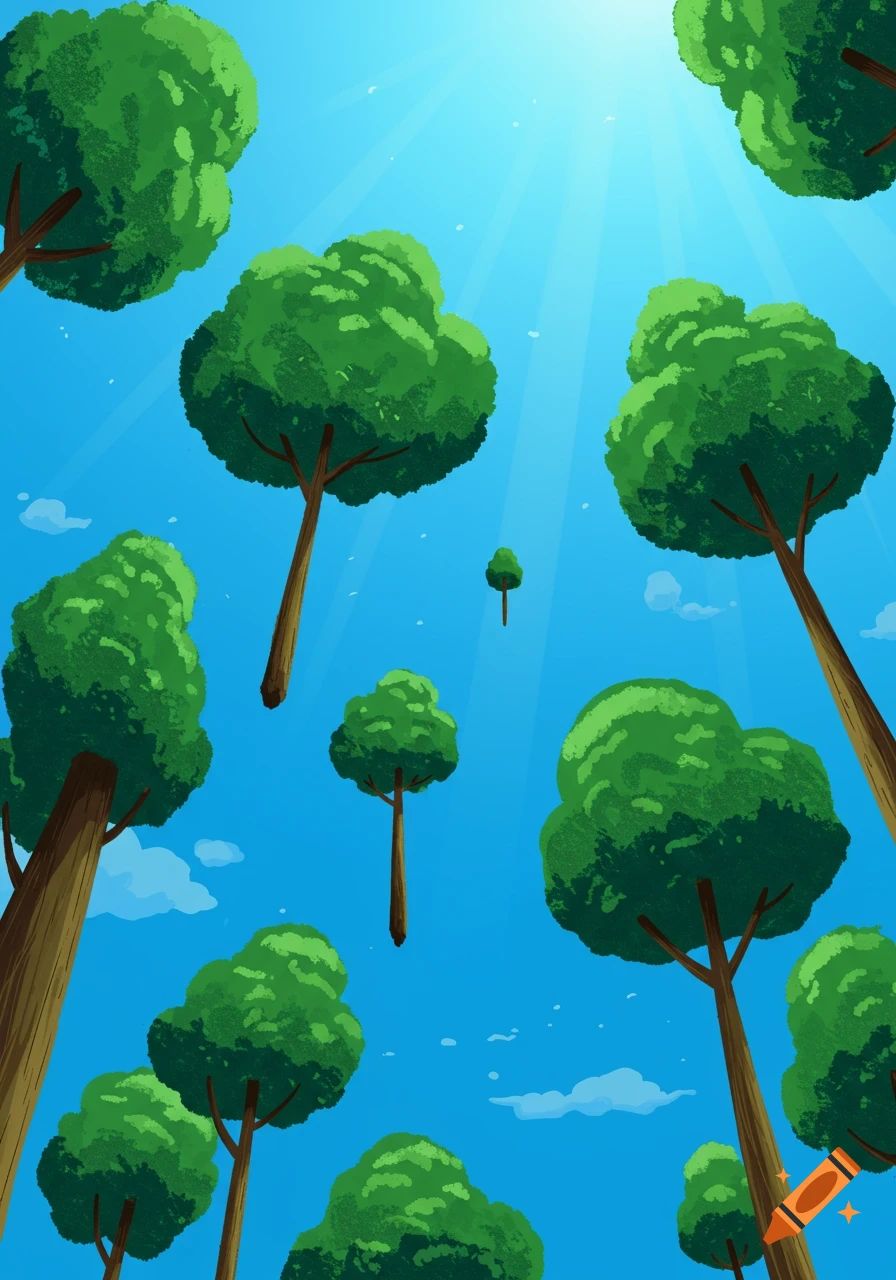 A vibrant cartoon illustration looking up at tall, green trees with brown trunks against a bright blue sky with sun rays. Some trees appear to be floating.
