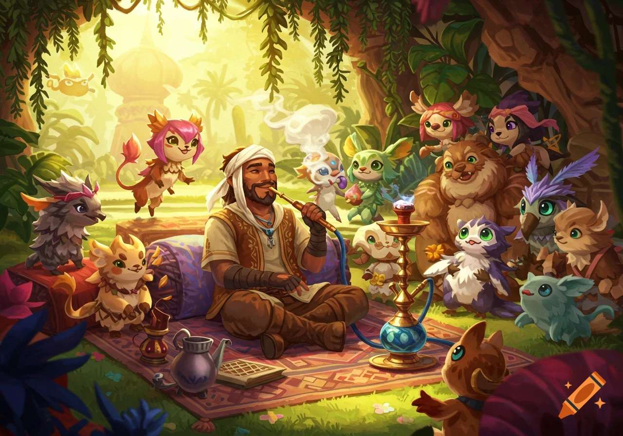 A man in a turban smokes a shisha surrounded by colorful, happy fantasy creatures in a lush, sunlit setting.
