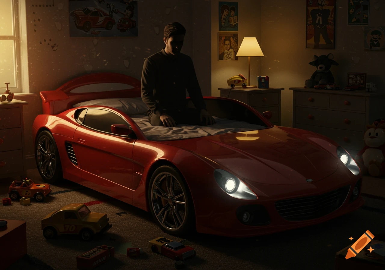 A man sits on a red race car bed in a dimly lit bedroom, his face shadowed. Toys are scattered on the carpet.