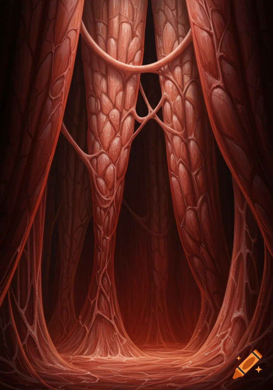 Abstract image of a cavernous space with hanging red flesh-like curtains and drooping veins resembling strings.
