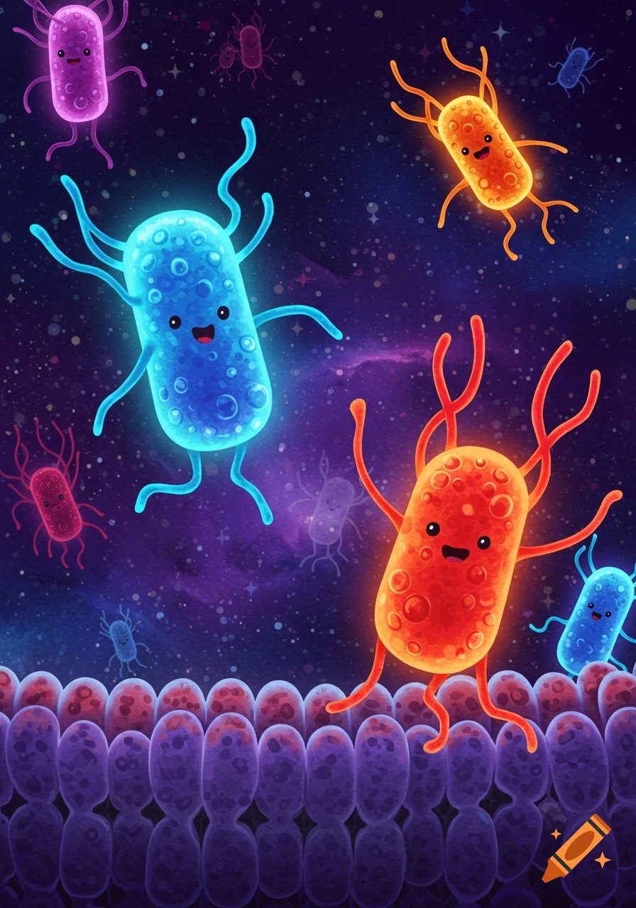 Colorful, smiling cartoon bacteria float above a row of cell membranes against a starry purple background.