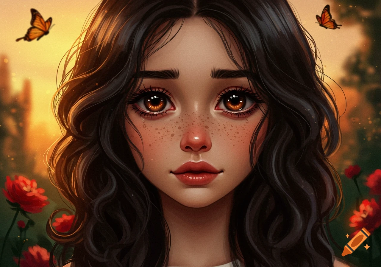A stylized portrait of a young lady with large, tear-filled brown eyes, freckles, and wavy dark hair, against a golden sunset with butterflies and red flowers.