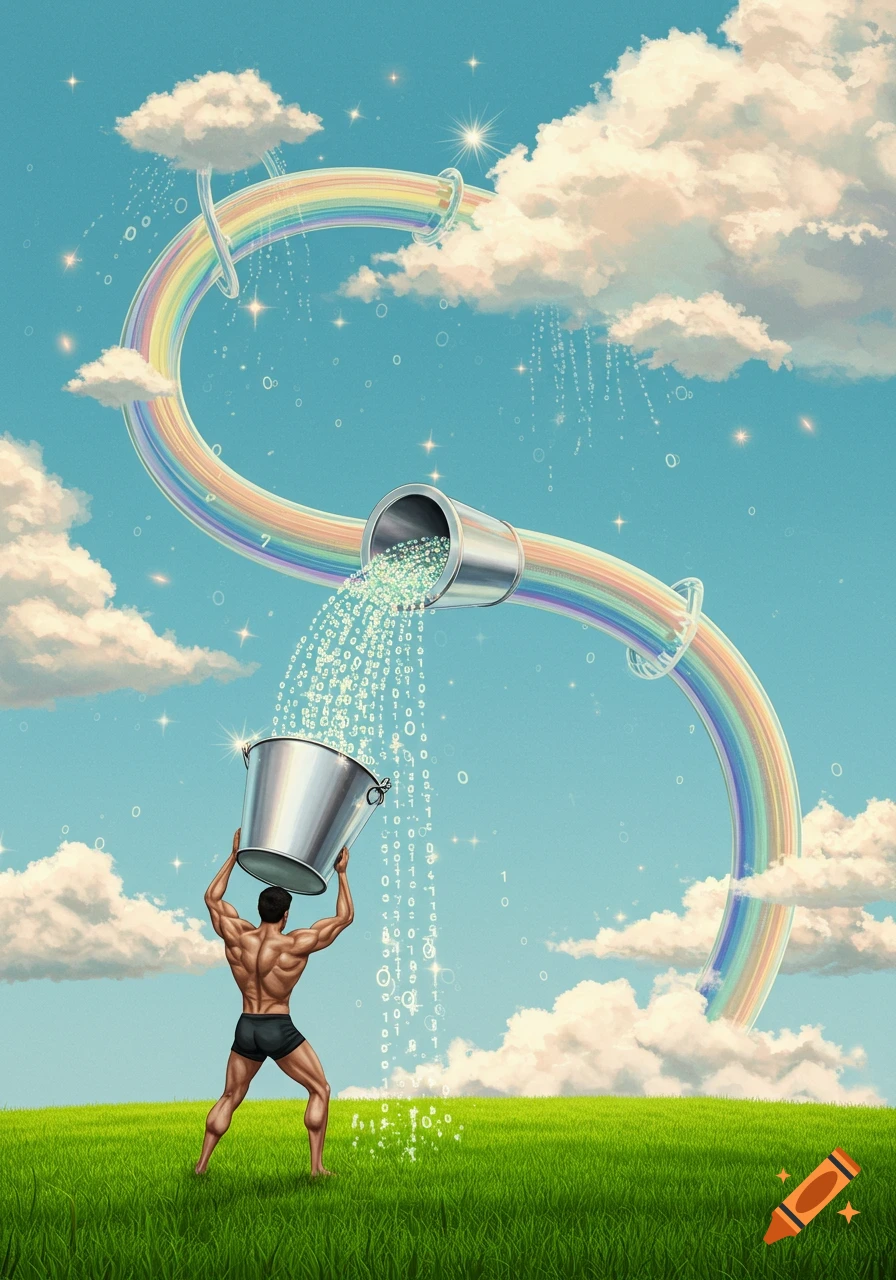 A muscular man holds a bucket under a rainbow pipe pouring binary code, in a surreal landscape.