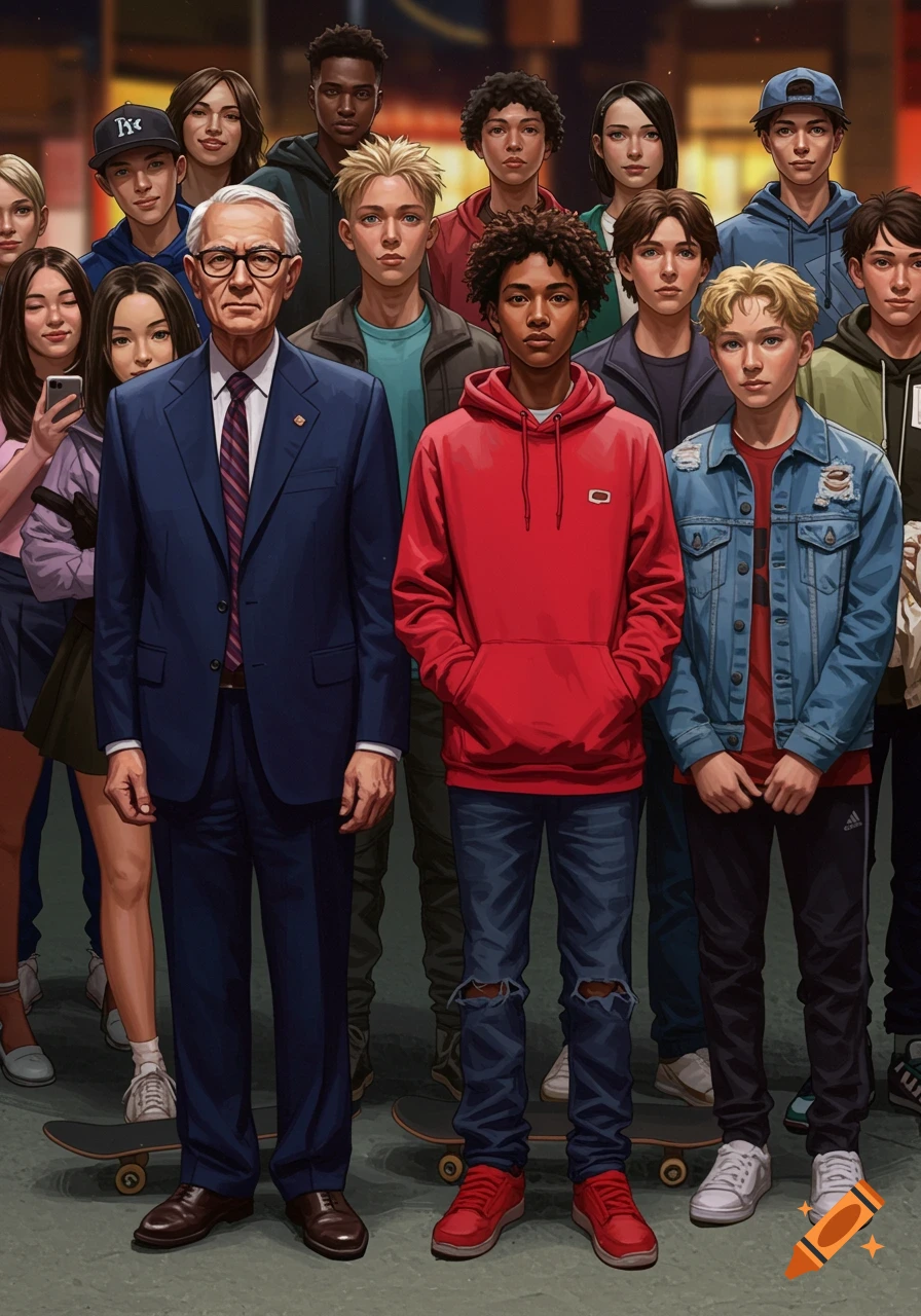 An illustration of an older man in a dark suit standing among a diverse group of young adults and teenagers in casual clothing, some with skateboards.