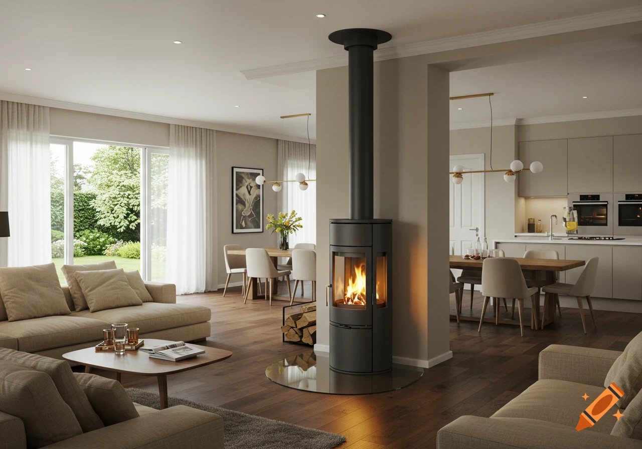 A modern open-plan living space featuring a freestanding fireplace, two beige sofas, a dining area, and a kitchen in the background.