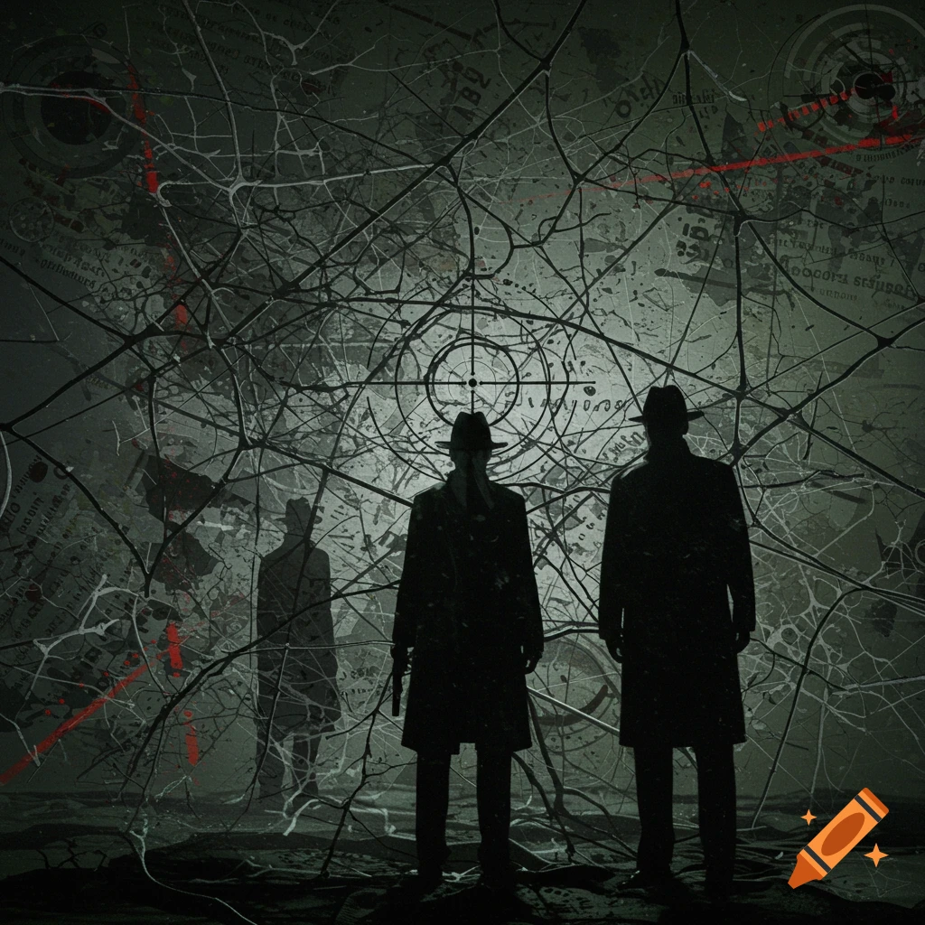 Three silhouetted figures in trench coats and fedoras against a dark, abstract background of entangled lines, crosshairs, and obscured text, evoking a spy thriller.