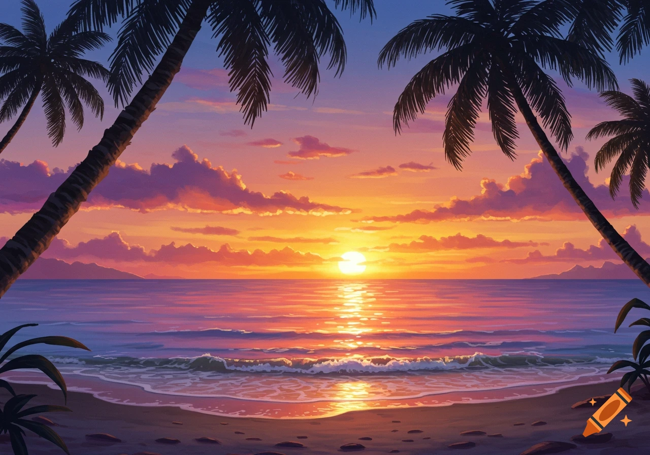 Tropical beach sunset with vibrant sky, calm ocean waves, and silhouetted palm trees.