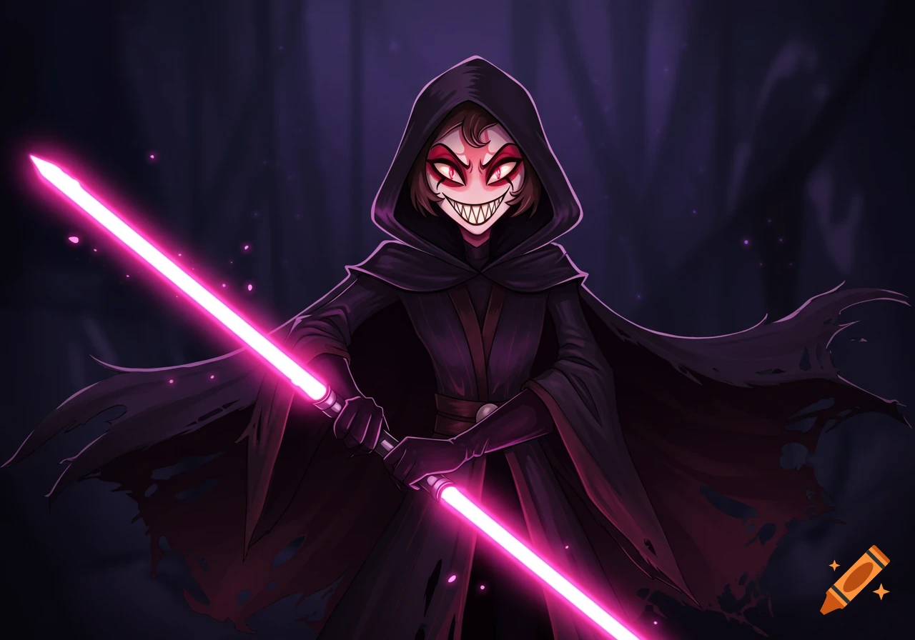 A dark hooded character with glowing red eyes, sharp teeth, and a torn cape holds a purple lightsaber, rendered in Vivziepop's animation style.