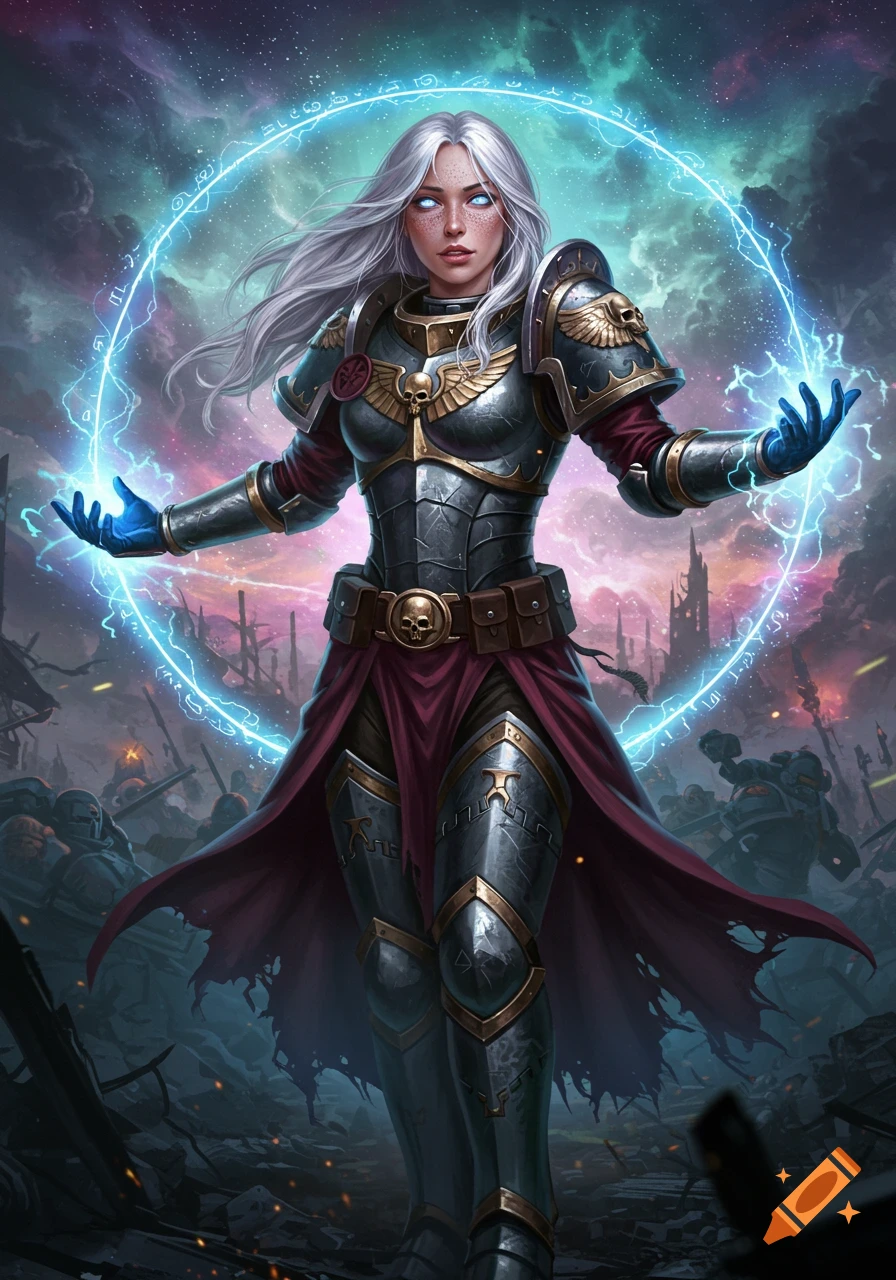 A white-haired woman in detailed sci-fi fantasy armor stands on a battlefield, casting glowing blue magic in a circle around her.