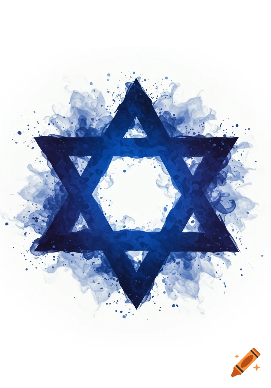 A blue Star of David with an ink blot or watercolor texture against a white background.