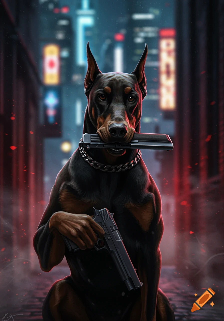 A doberman with a gun in its mouth and another in a human-like hand stands in a dark, neon-lit city alley.