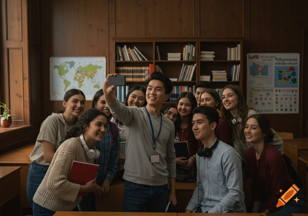 A diverse group of smiling students pose for a selfie in a wooden classroom filled with bookshelves and maps.