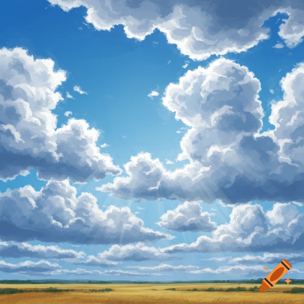 A bright blue sky filled with white cumulus clouds, with sunrays shining over a golden field.