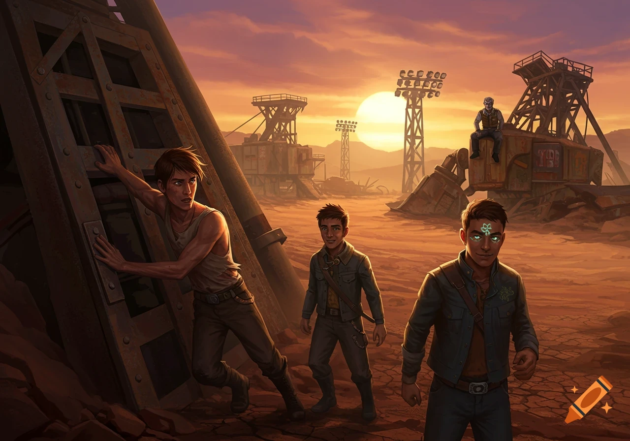 Four young men in a desolate, post-apocalyptic desert landscape with industrial ruins under an orange sunset. One has a glowing symbol on his forehead.