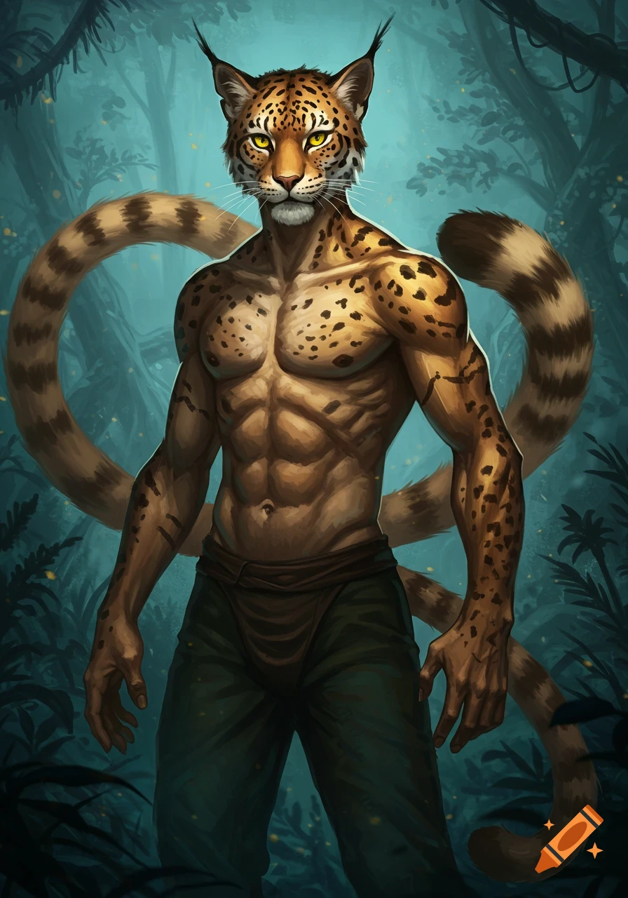 Muscular anthropomorphic feline creature with leopard spots, lynx ears, and yellow eyes standing in a lush forest, digital art.