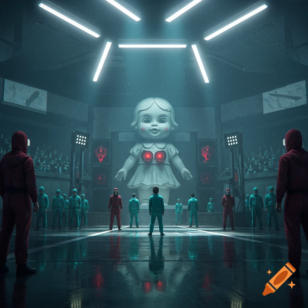 A giant smiling doll with glowing red eyes on its chest stands in a dark, lit arena, observed by figures in red and green uniforms from the TV show Squid Game.