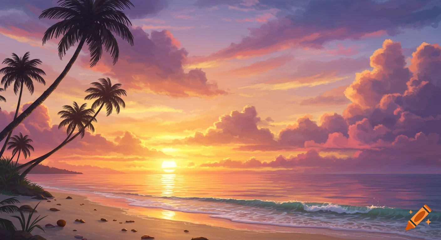 Vibrant digital painting of a tropical beach sunset with silhouetted palm trees, colorful clouds, and ocean waves.