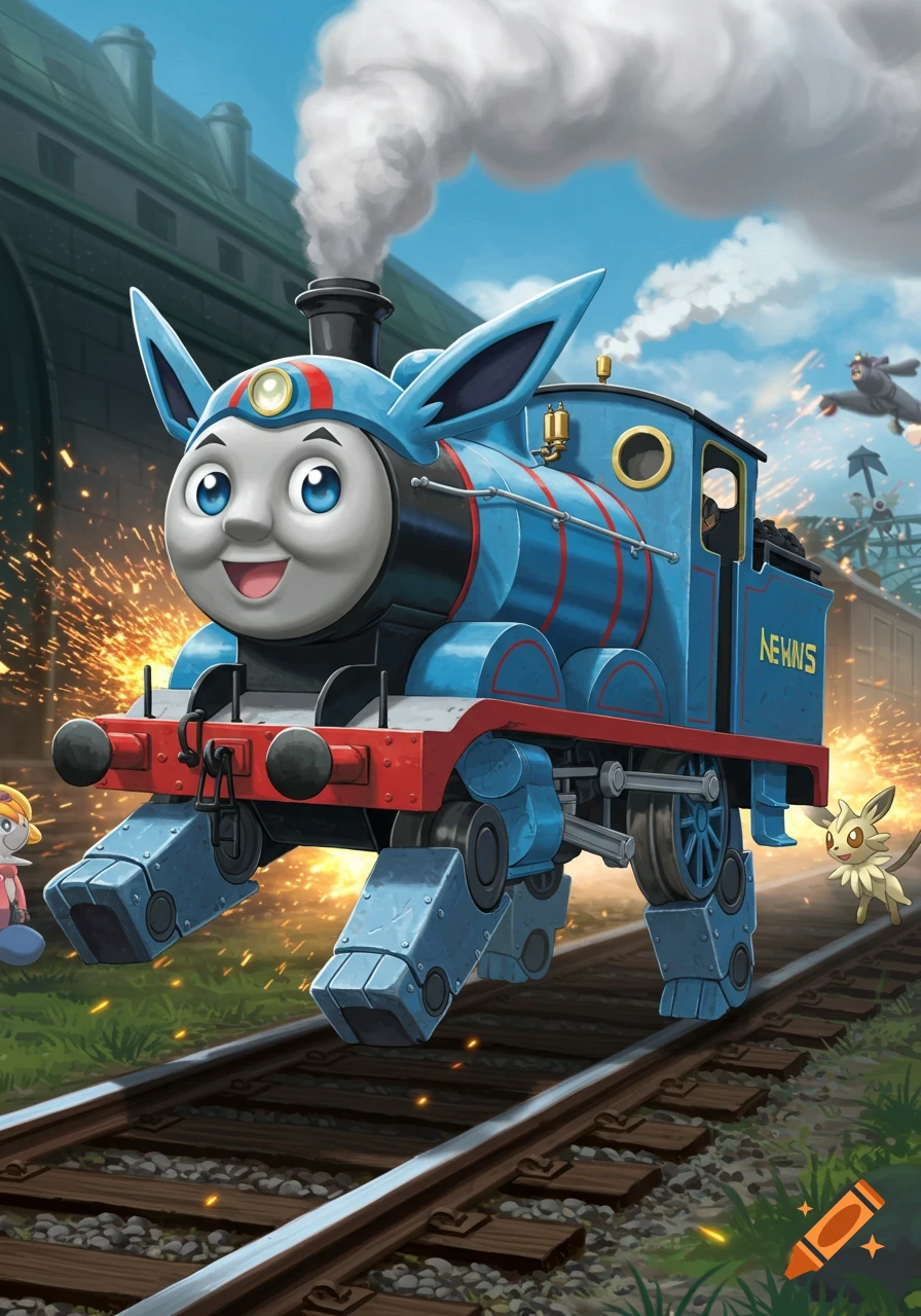 A blue Thomas the Tank Engine with mechanical legs and large ears, resembling a Pokémon, stands on train tracks with sparks flying. Other Pokémon are in the background.