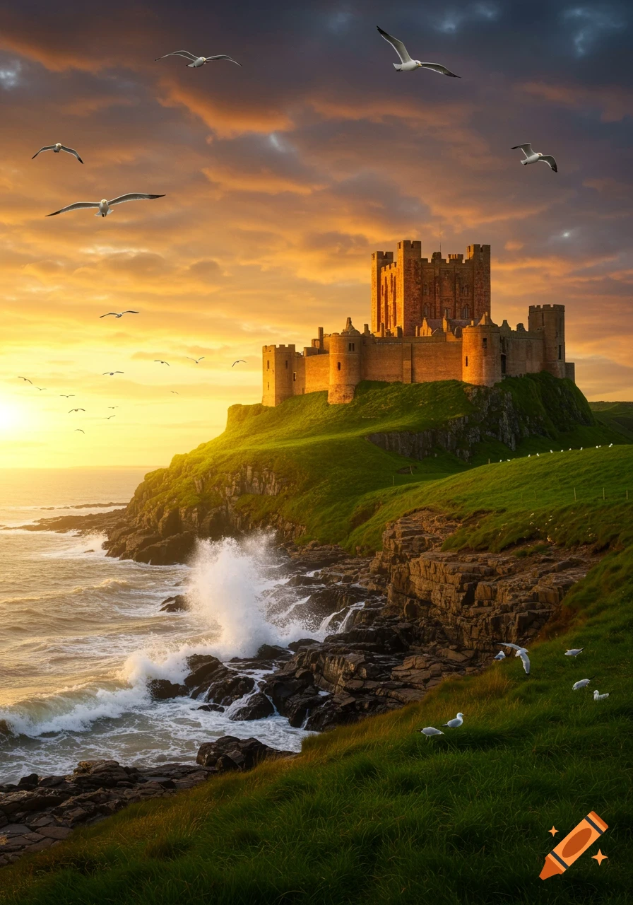 A photorealistic image of a majestic castle on a cliff overlooking a rough sea at sunset, with birds flying.