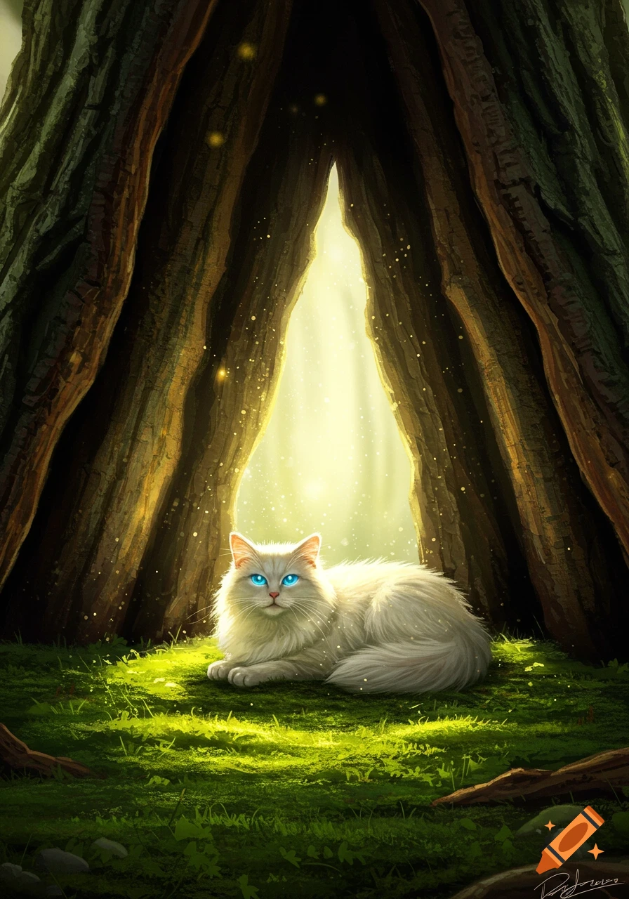 A fluffy white cat with glowing blue eyes lies on moss inside a hollow tree, bathed in soft golden light.